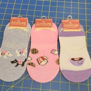 Juncture Shoe Liner Socks Lot of 3 Pair Dogs Milk & Cookie Coffee Cup Size 5-9